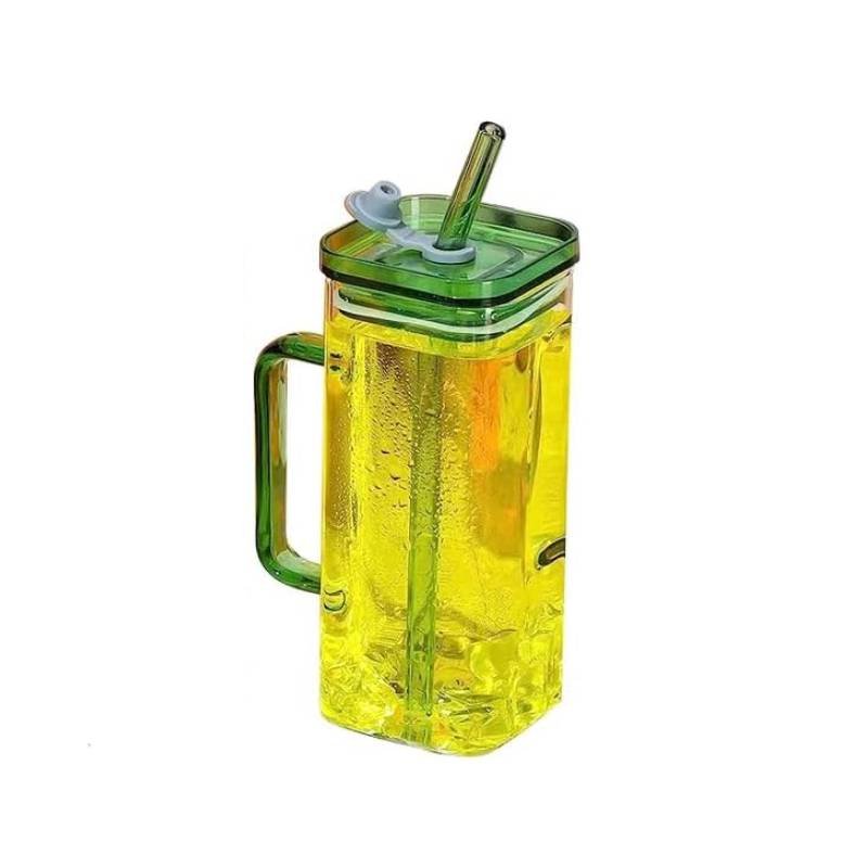Glass Mug with Straw 400ml Green