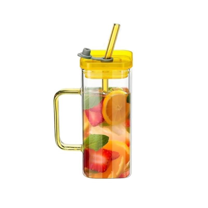 Glass Mug with Straw 400ml Yellow