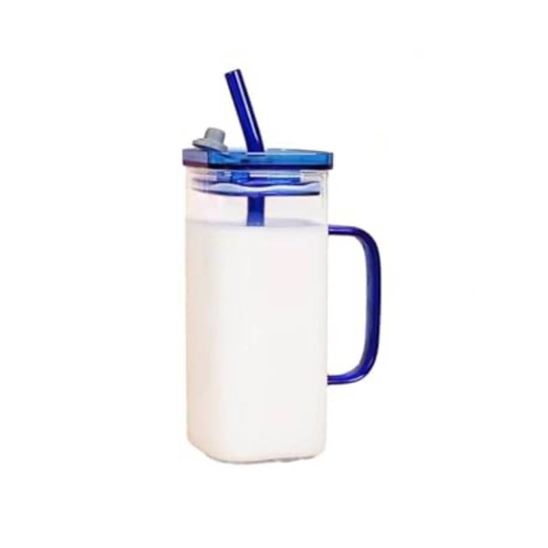 Glass Mug with Straw 400ml Blue
